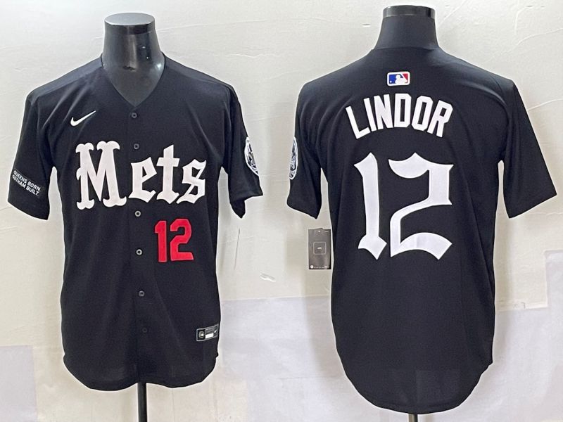 Men 2025 New York Mets #12 Lindor Black Five generations Joint Name Nike MLB Jersey style 7->new york mets->MLB Jersey